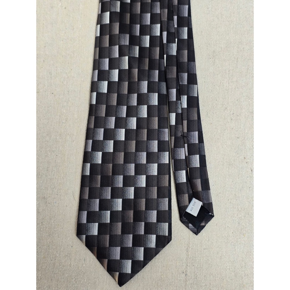 Burma Bibas Mens Silk Necktie Black Grey Silver Geometric Checkered Grid Pattern - Picture 2 of 6